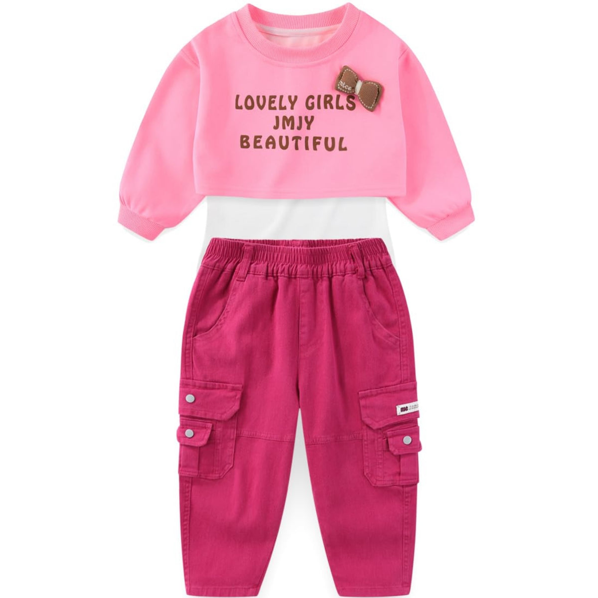 Conjunto 3 Piezas para Niña: Crop Top “Lovely Girls” con Lazo 3D, Camiseta Blanca y Pantalon Cargo Fucsia