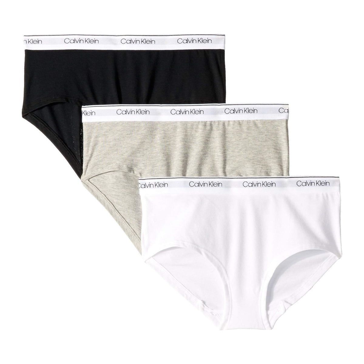 Calvin Klein | Panty Hipster Nina Pack 3 | 95% Algodon 5% Elastano | Pretina Elastica Logo CK | Transpirable Duradero | Gris Jaspeado + Blanco + Negro (Solo 14-16T)