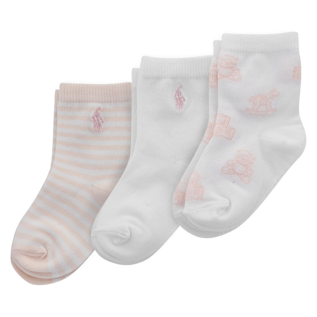 Polo Ralph Lauren | Calcetines Bebé Niña Pack 3 Algodón Orgánico Pony Bordado Stay-Up Osos Rosa Rayas Rosa Suave 0-24 Meses