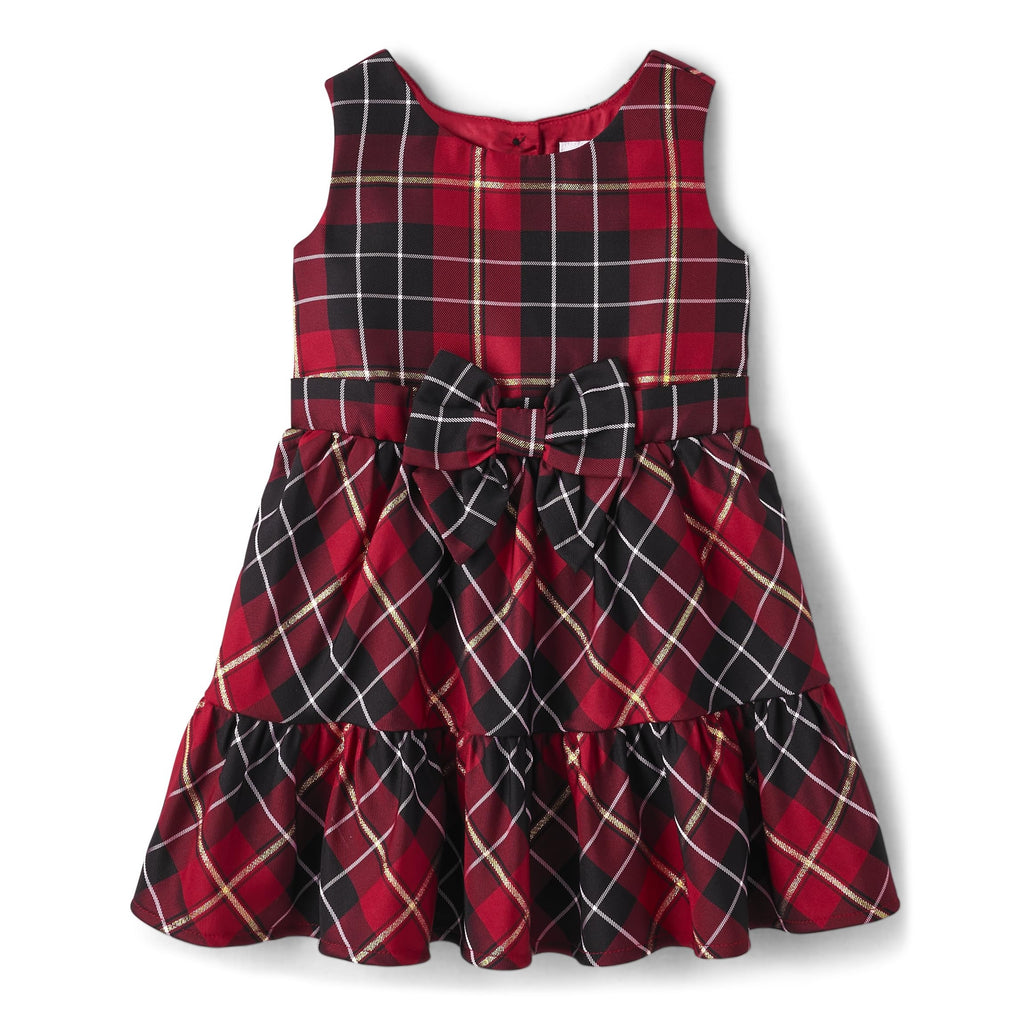 The Children's Place | Vestido Elegante Cuadros Escoceses Rojo Negro Dorado Falda Escalonada Niña