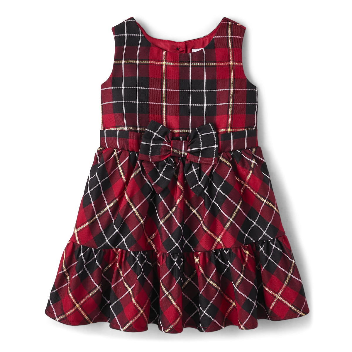 The Children's Place | Vestido Elegante Cuadros Escoceses Rojo Negro Dorado Falda Escalonada Niña
