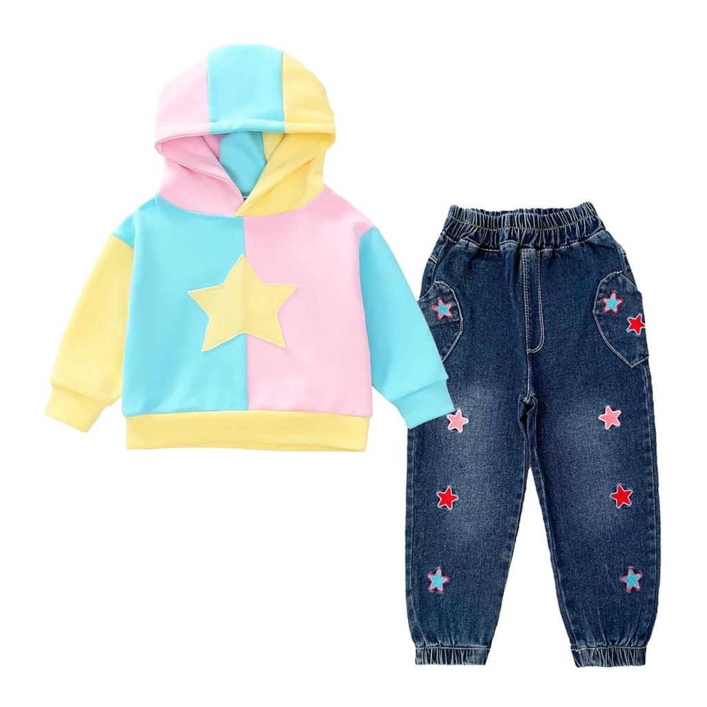 Conjunto 2 Piezas para Niña: Hoodie Color Block con Estrella y Jogger Jeans Bordados