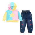 Conjunto 2 Piezas para Niña: Hoodie Color Block con Estrella y Jogger Jeans Bordados