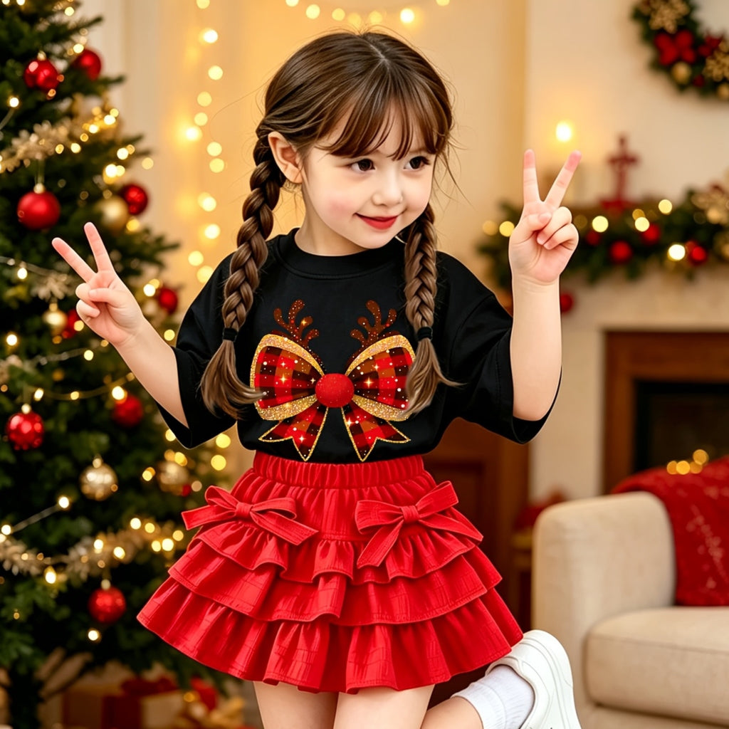 Conjunto Navideño de 2 Piezas para Niña: Blusa Negra de Manga Corta con Estampado de Astas y Falda Estilo Pastel Roja con Volantes (1T - 8T)