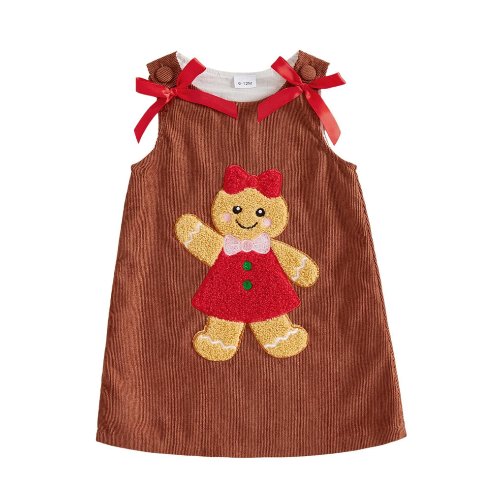 Gingerbread Girl Cafe | Vestido Pana Cafe Nina Sin Mangas + Cuello Redondo + Aplicacion Galleta Jengibre + Lazos
