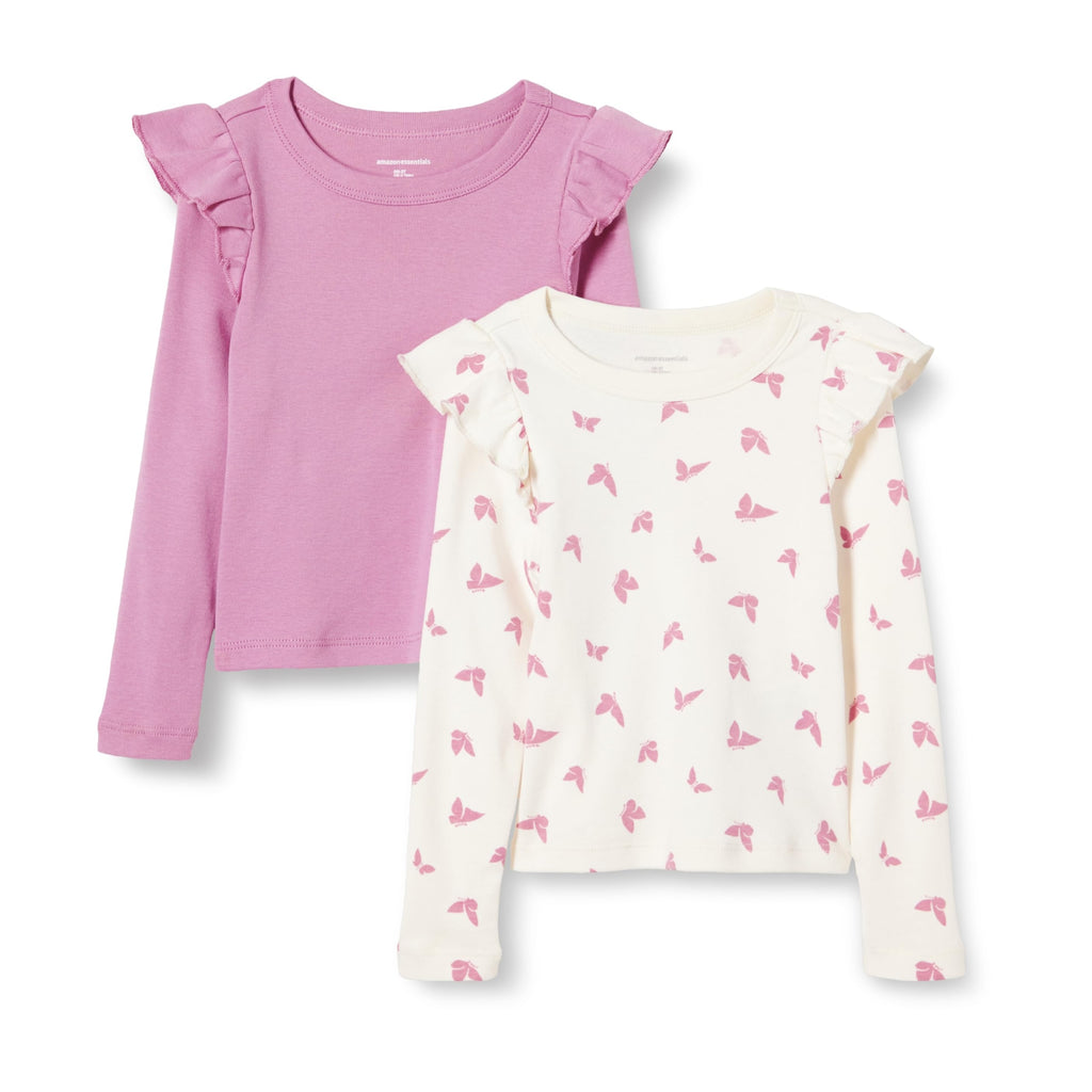 Amazon Essentials Pack x2 Camisetas Niña | Malva + Mariposas • Manga Larga con Volantes