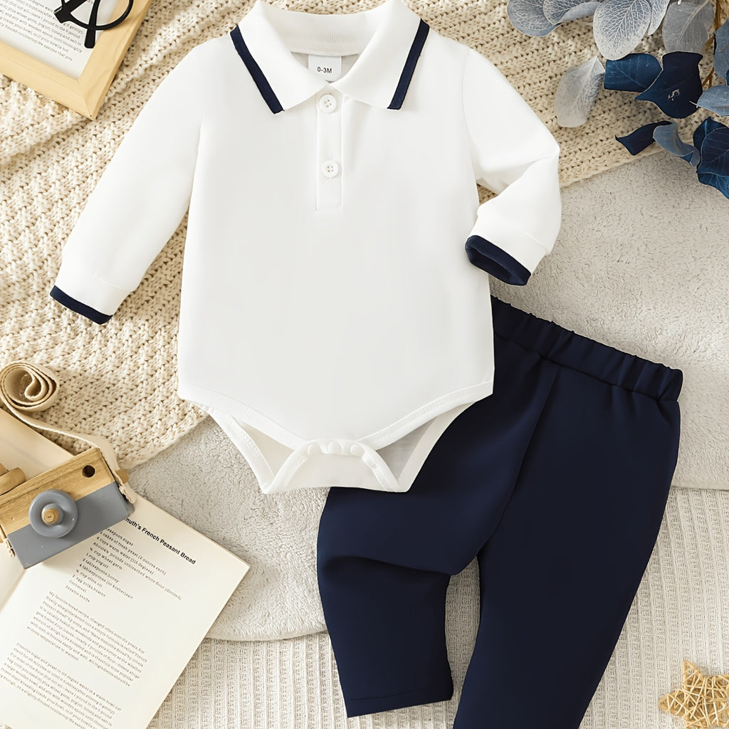 Conjunto de 2 Piezas para Bebé Niño con Pelele de Manga Larga Tipo Polo y Pantalón Largo en Color Blanco y Azul Marino (Traje Formal y Casual de Otoño/Invierno) (0M - 12M)