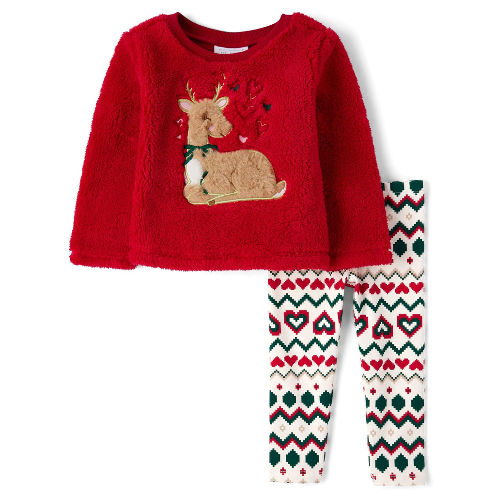 The Children's Place | Conjunto 2 Piezas Sudadera Felpa Roja Reno Navideño y Legging Corazones Niña