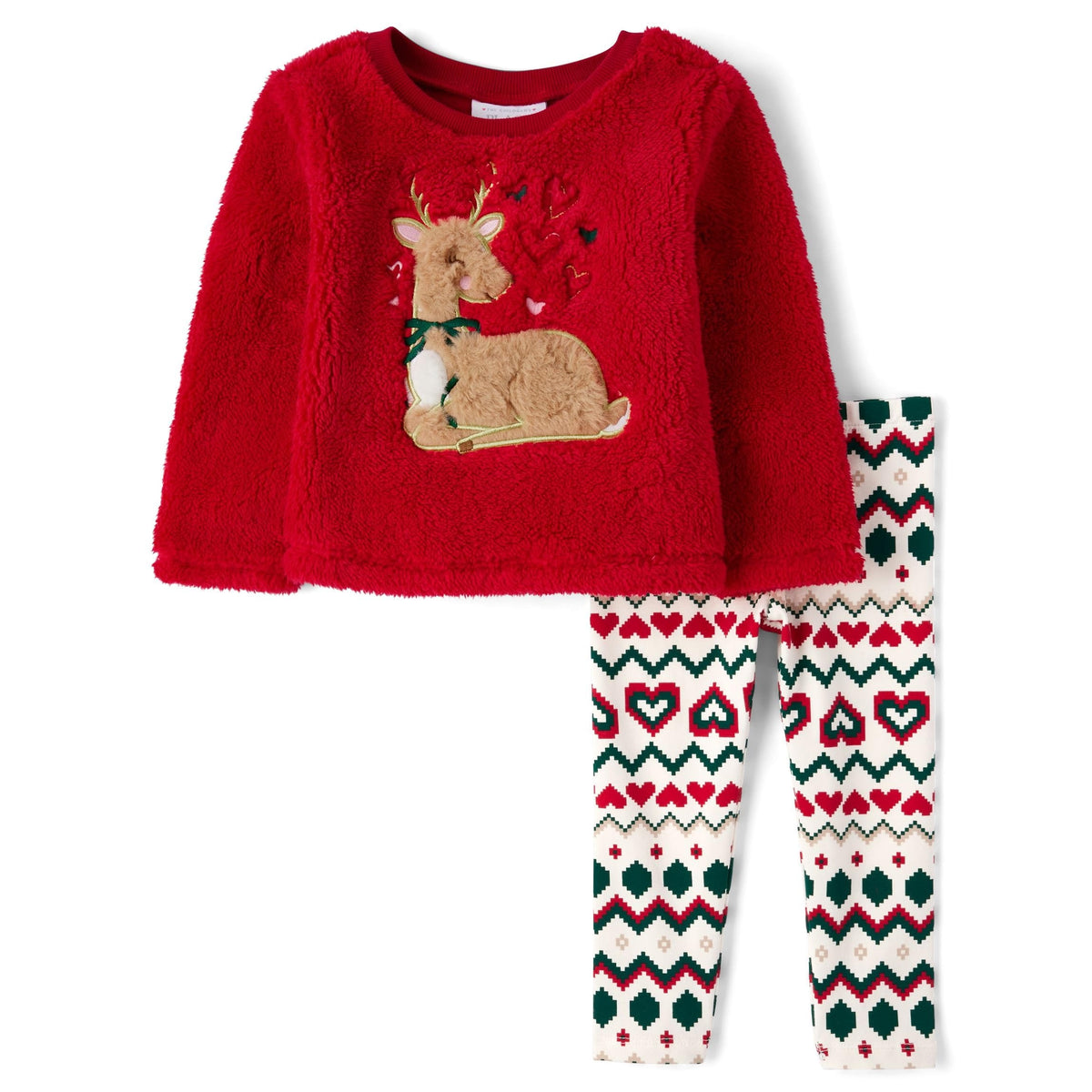 The Children's Place | Conjunto 2 Piezas Sudadera Felpa Roja Reno Navideño y Legging Corazones Niña