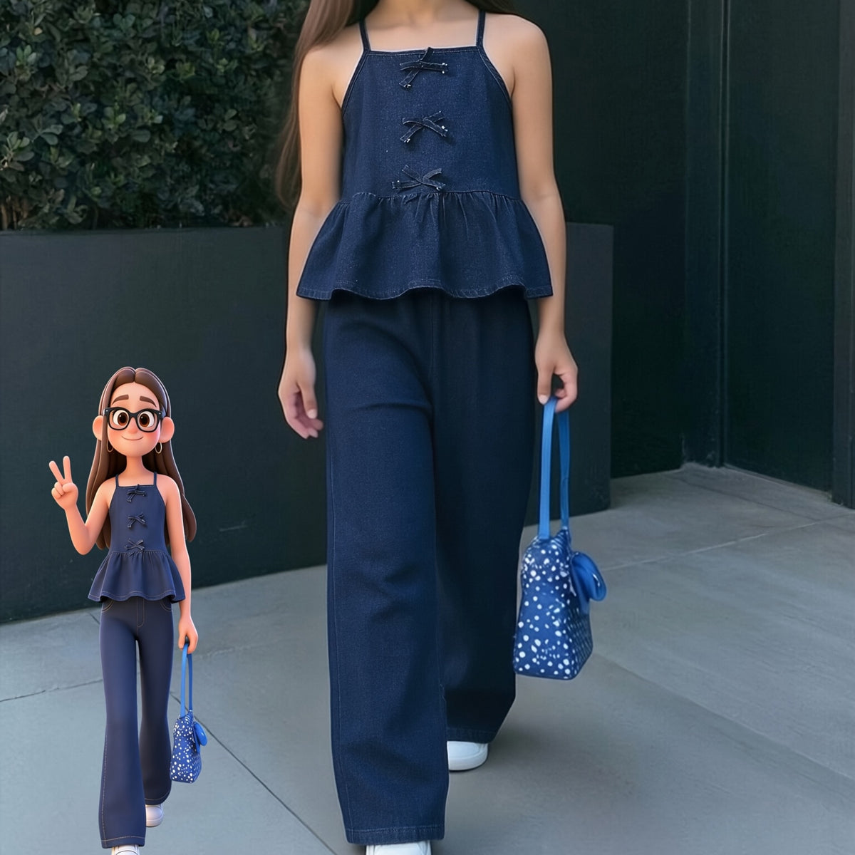 Conjunto de 2 Piezas de Camisola de Mezclilla con Volantes y Lazos + Pantalón Largo Recto para Niñas (Estilo Casual y Moderno para Primavera/Verano) (8Y - 12Y)
