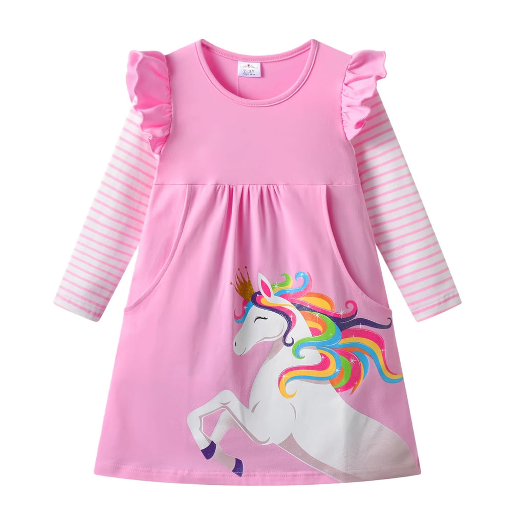 Vestido Niña  | Algodón + Unicornio Arcoíris Cuerpo Completo + Corona Dorada + Bolsillos | Rosa Pastel Flutter (3T - 8T)