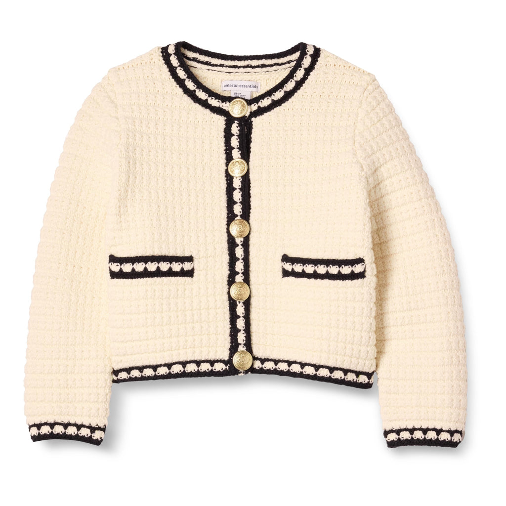 Amazon Essentials Cárdigan Niña | Marfil & Negro • Estilo Chanel • Botones Dorados