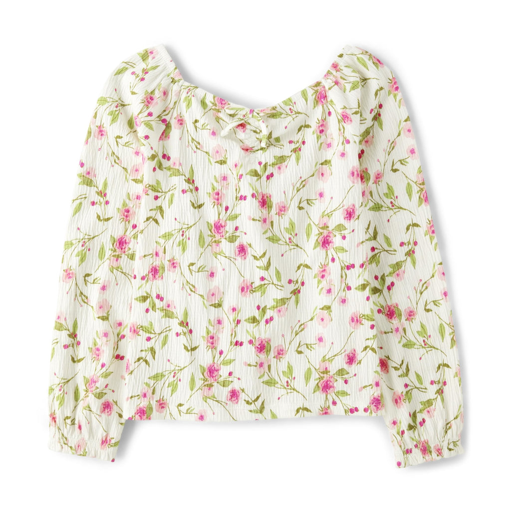 The Children's Place | Top Peplum Fruncido Nina Manga Larga | 58% Algodon 41% Poliester 1% Elastano | Cuello en V con Nudo Twist + Fruncidos | Punos Elasticos | Floral Rosas Peonias + Follaje Verde sobre Blanco Crema | Textura Crinkle (5 - 16T)