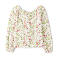 The Children's Place | Top Peplum Fruncido Nina Manga Larga | 58% Algodon 41% Poliester 1% Elastano | Cuello en V con Nudo Twist + Fruncidos | Punos Elasticos | Floral Rosas Peonias + Follaje Verde sobre Blanco Crema | Textura Crinkle (5 - 16T)