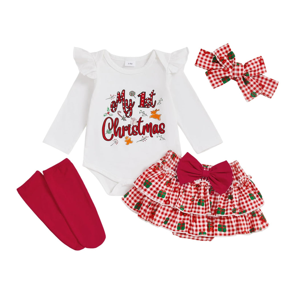 My 1st Christmas | Conjunto Navideño Bebé Niña Falda Cuadros + Medias + Diadema