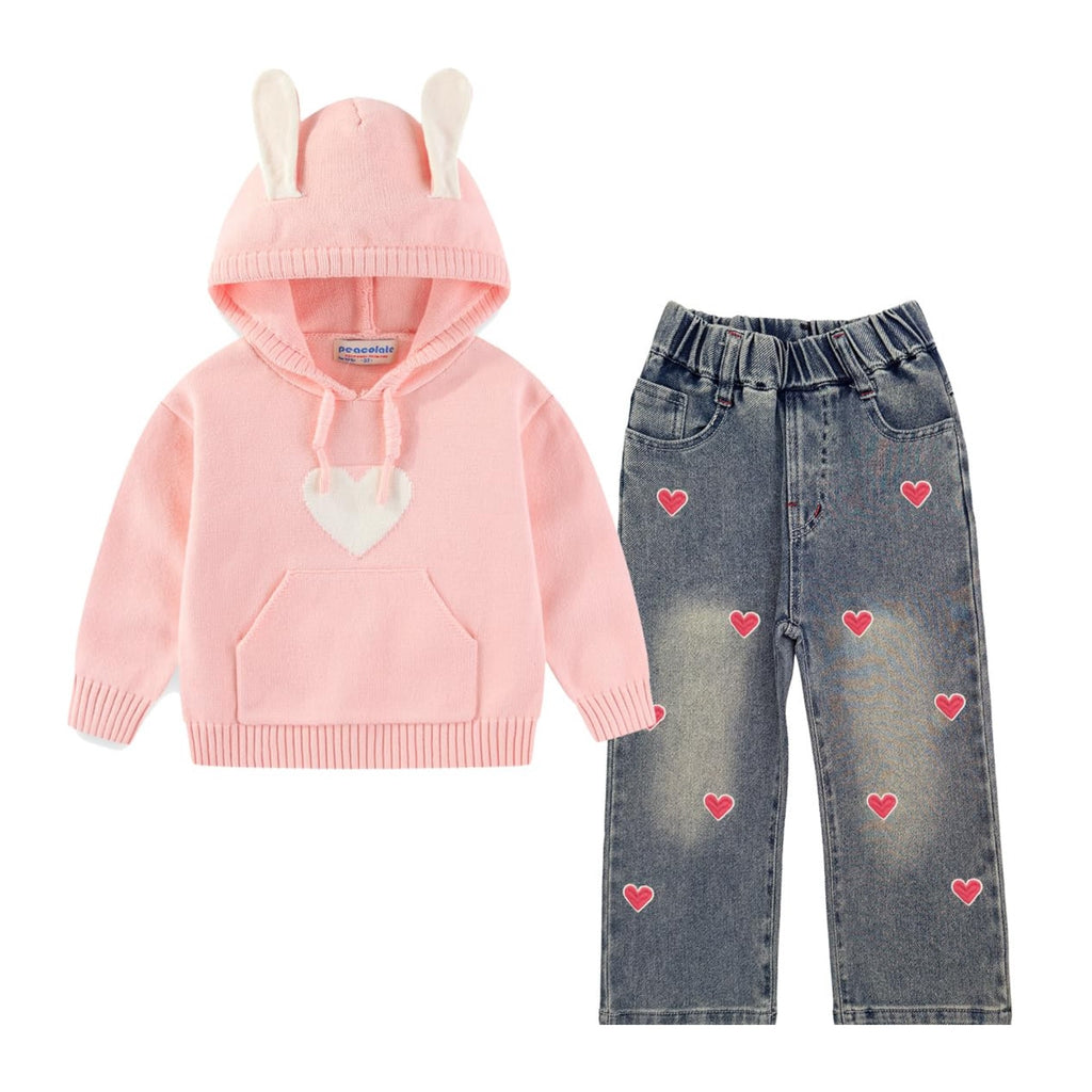 Conjunto 2 Piezas para Niña: Suéter Rosa Conejito con Capucha y Orejas 3D y Jeans con Corazones Bordados