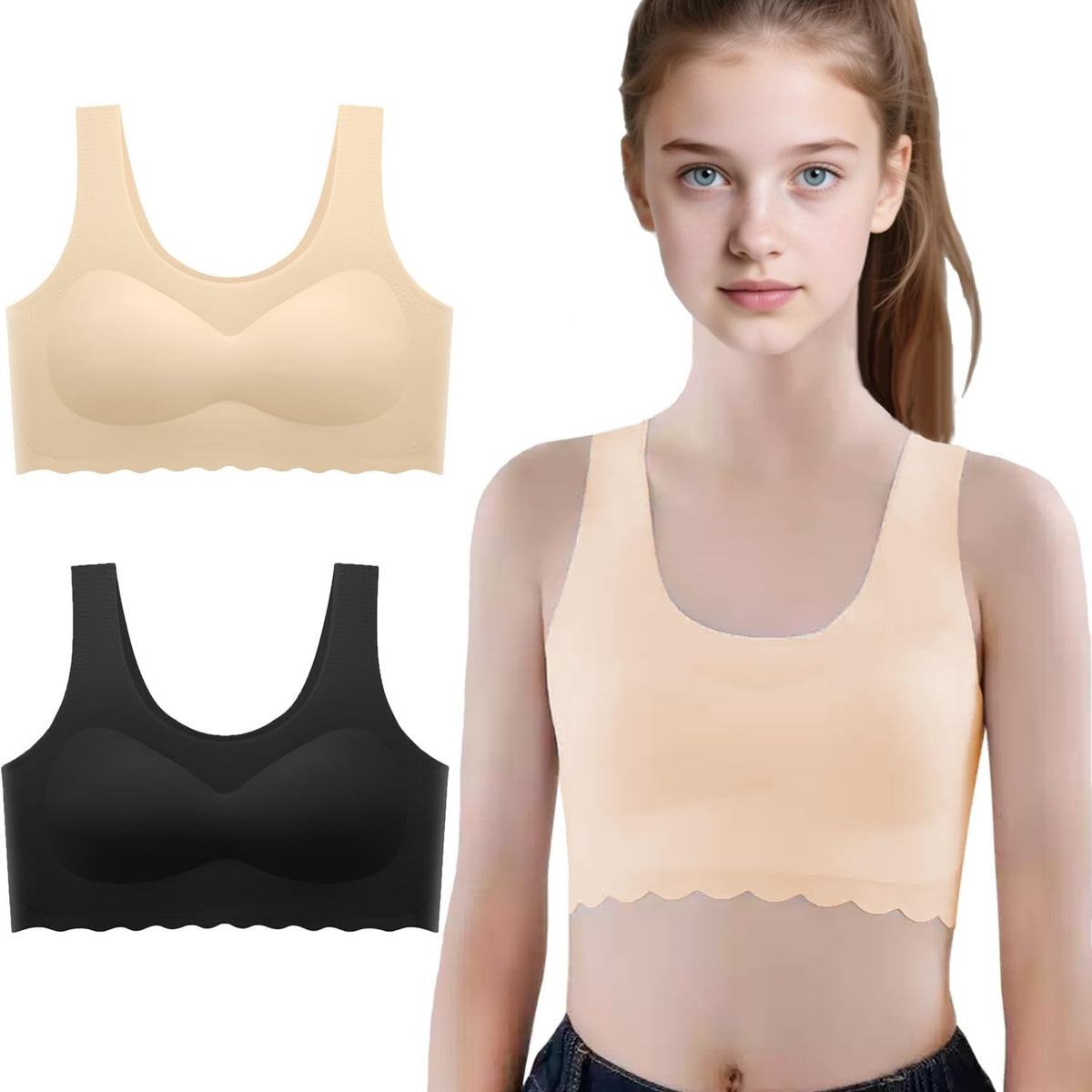 Brasier Sin Costuras Nina Pack 2 | 75% Nailon 25% Elastano | Relleno Extraible | Sin Aro | Borde Festoneado | Tono Piel + Negro  (10 - 16T)