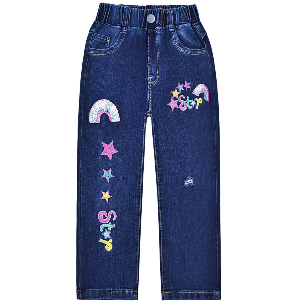 Jean Recto Tiro Alto Niña | Azul Marino Oscuro • Apliques Arcoíris Lentejuelas • Estrellas Multicolor