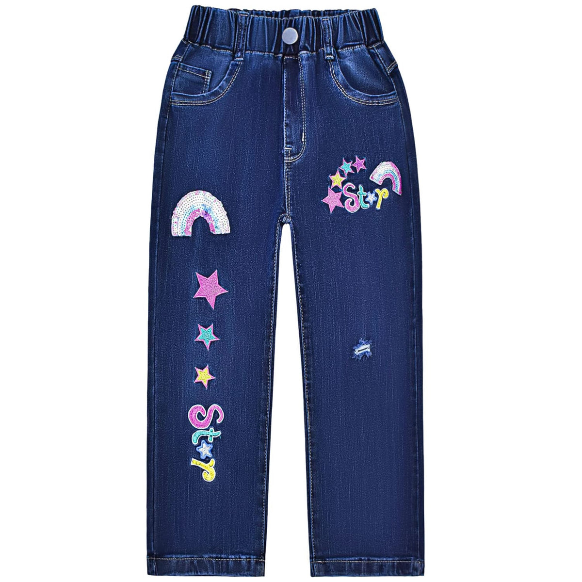 Jean Recto Tiro Alto Niña | Azul Marino Oscuro • Apliques Arcoíris Lentejuelas • Estrellas Multicolor