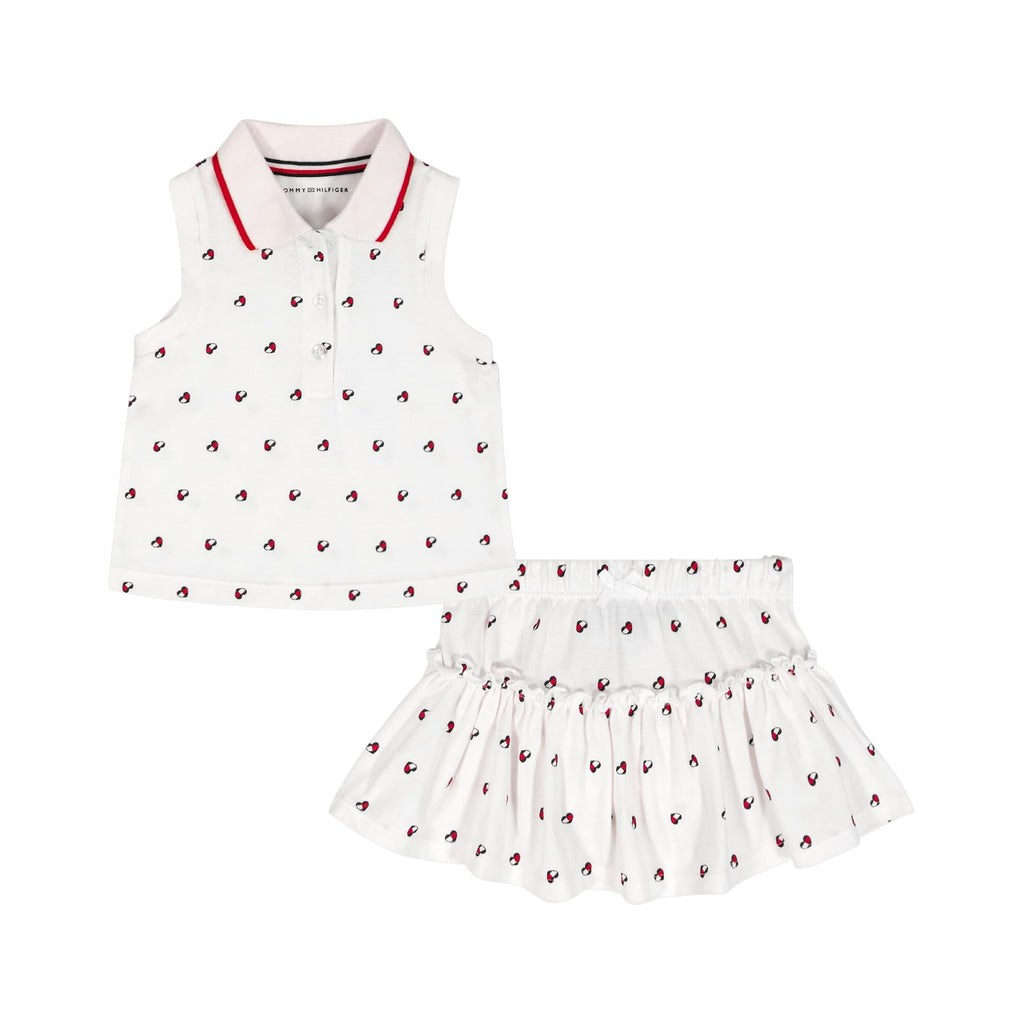 Conjunto 2 Piezas Tommy Hilfiger | Polo Sin Mangas + Skort | Logos Allover Blanco | Niña/Bebé (3M - 18M)