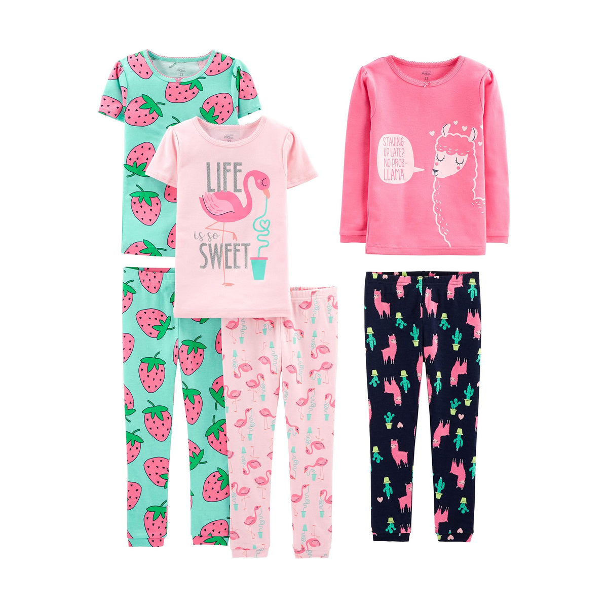 Set Pijama 6 Piezas Simple Joys by Carter's | 3 Conjuntos 100% Algodón + Fresas + Flamingo + Llama | Niña Tropical (4T - 8T)