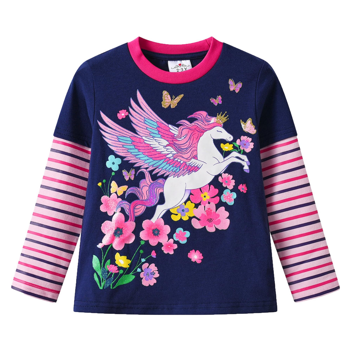 Top de Manga Larga con Pegaso para Niñas – Azul Marino a Rayas Rosa, Algodón  (2-12 Años )