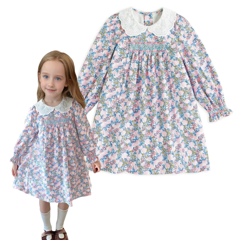 Vestido de Manga Larga 100% Algodón con Cuello Bordado y Estampado Floral Multicolor para Niña (12M - 8T)