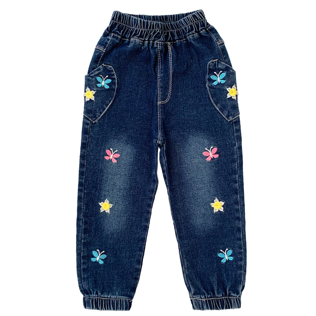 Jean Jogger Niña | Azul Medio • Bordado Mariposas y Flores