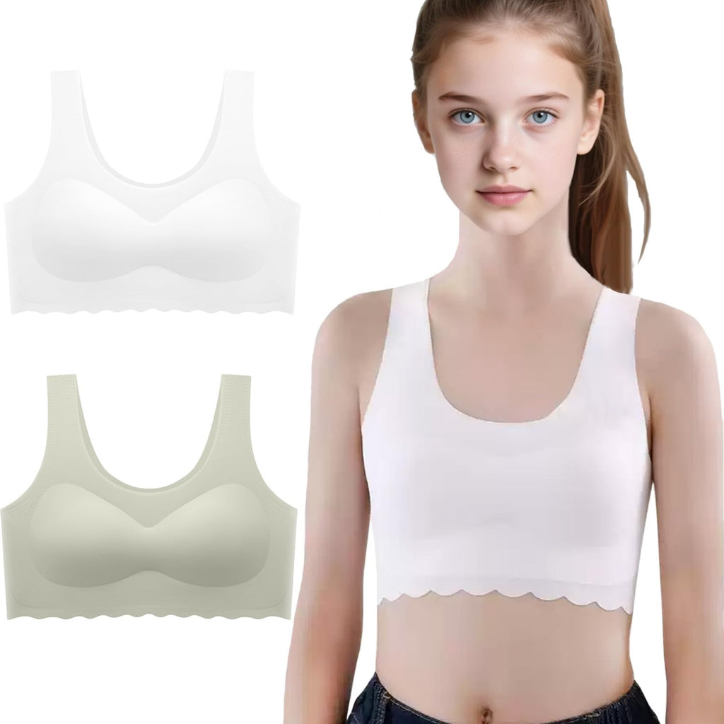 Brasier Sin Costuras Nina Pack 2 | 75% Nailon 25% Elastano | Relleno Extraible | Sin Aro | Borde Festoneado | Blanco + Beige Khaki  (12 - 16T)