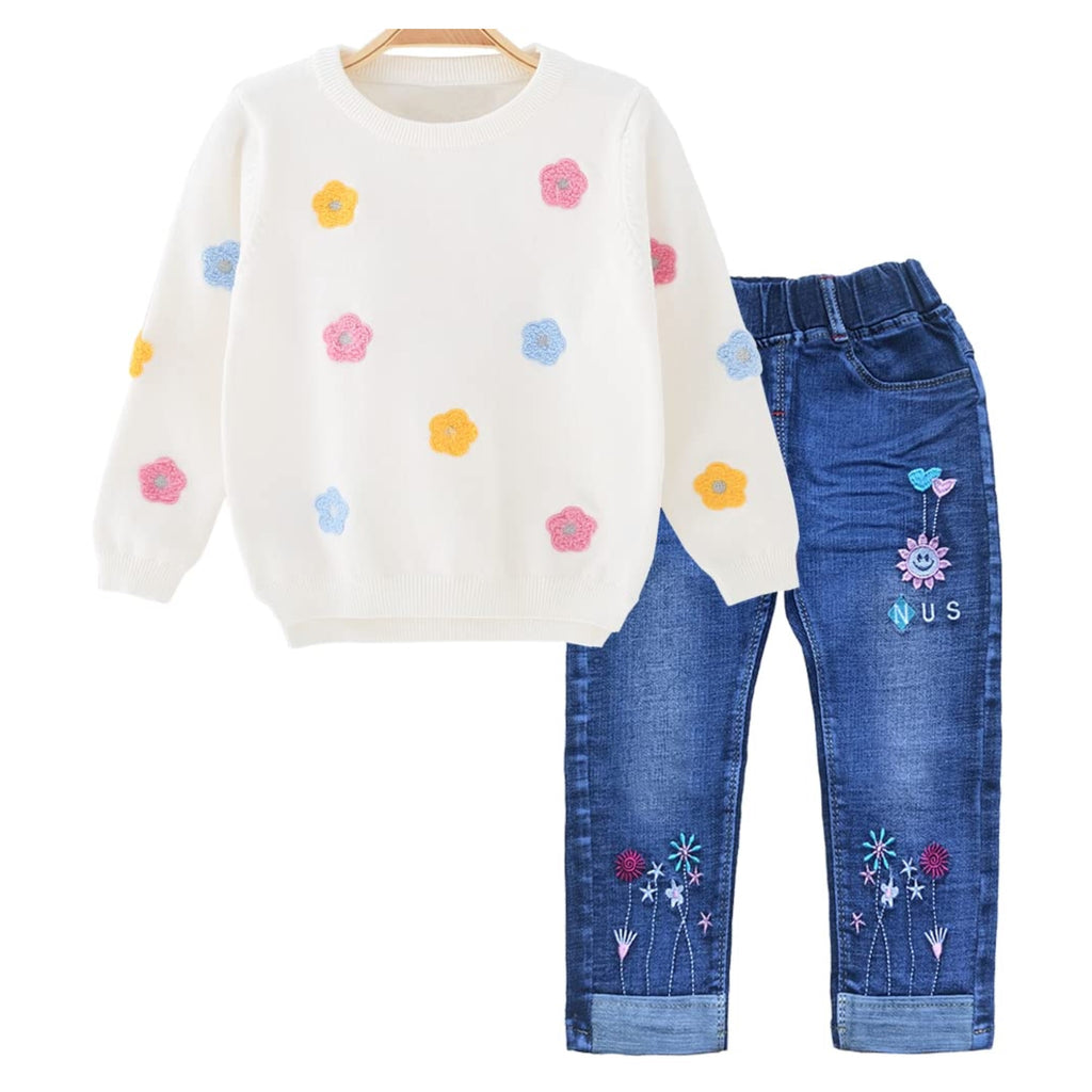 Conjunto 2 Piezas para Niña: Suéter Blanco con Flores 3D Multicolor y Jeans con Girasol y Flores Bordadas