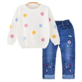 Conjunto 2 Piezas para Niña: Suéter Blanco con Flores 3D Multicolor y Jeans con Girasol y Flores Bordadas