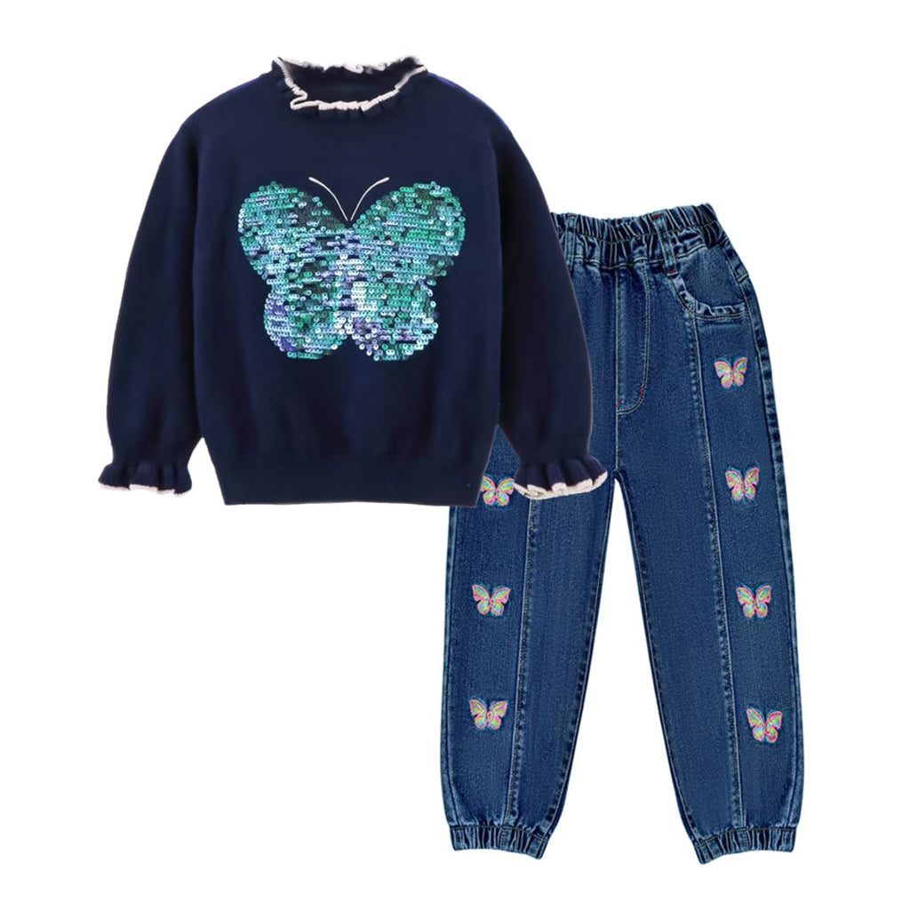 Conjunto 2 Piezas para Niña: Suéter Navy Mariposa de Lentejuelas Verde Esmeralda y Jeans Jogger con Mariposas Bordadas