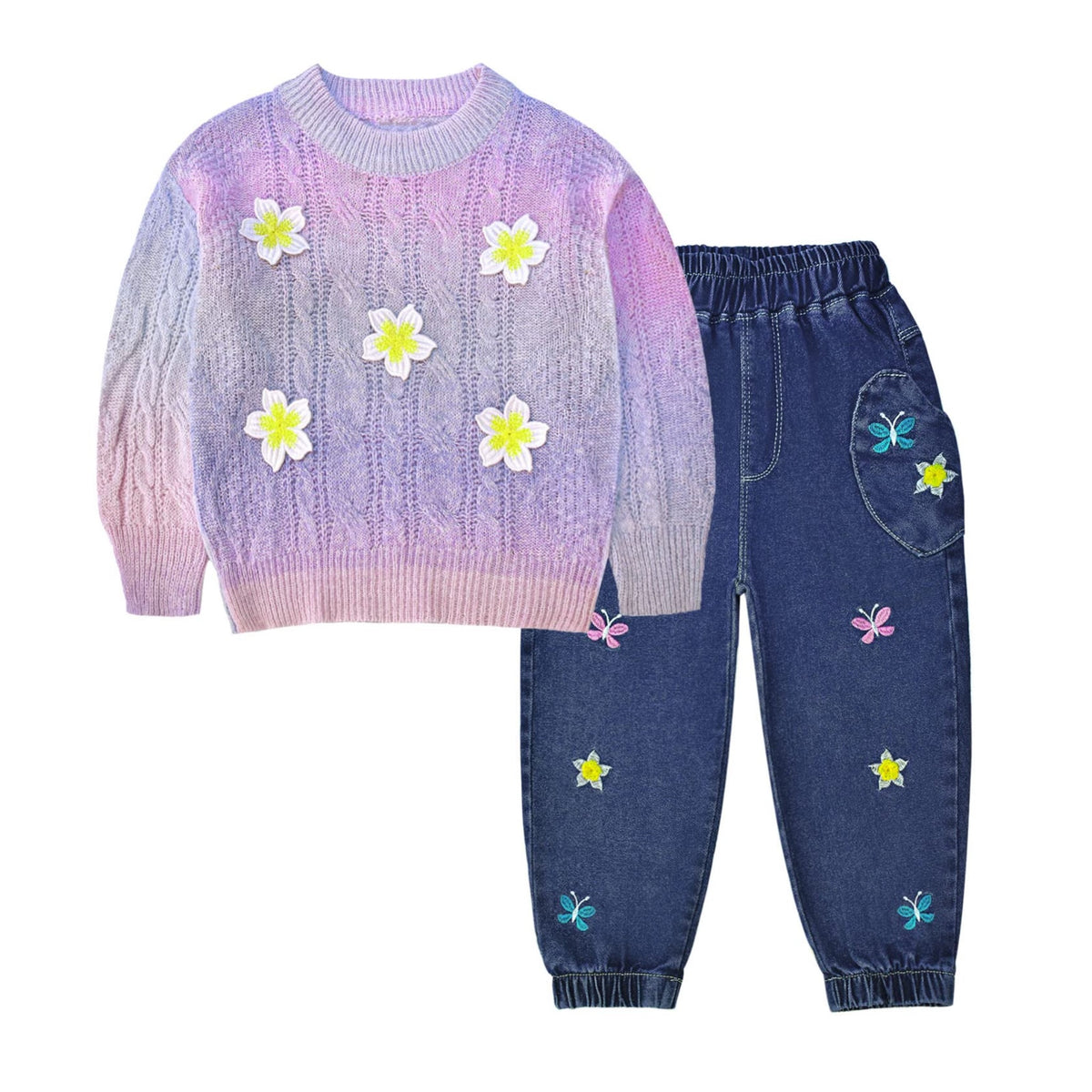 Conjunto 2 Piezas para Niña: Suéter Lavanda Trenzado con Flores 3D Plumeria y Jeans Jogger con Mariposas y Flores Bordadas