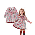 Vestido de Manga Larga 100% Algodón con Cuello con Volantes y Estampado Floral en Tonos Rojos y Vino para Niña (B-berry Vino) (18M - 3T)