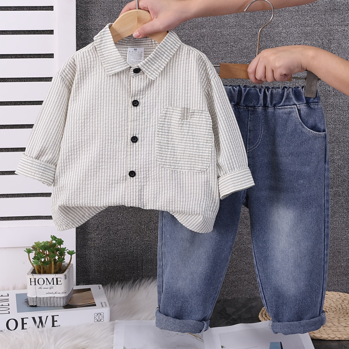 Conjunto de 2 Piezas para Niño con Camisa de Rayas de Manga Larga y Pantalón de Mezclilla (Atuendo Casual y Versátil de Otoño/Primavera) (9M - 6Y)