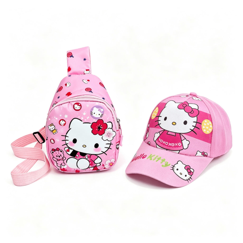 Set de 2 Piezas Sanrio Hello Kitty: Mini Mochila Cruzada de Un Hombro y Gorra Infantil (Estilo Dulce y Casual)
