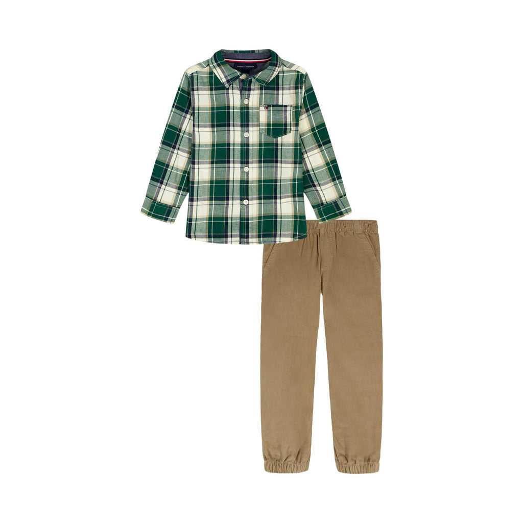 Conjunto 2 Piezas Tommy Hilfiger | Camisa Cuadros Verde Crema Forro Chambray + Jogger Microgamuza Beige | Niño (12M - 24M - y 3T)