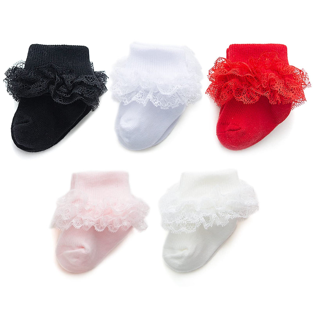 hakugoo | Calcetines Bebé Niña Pack 5 Triple Encaje Volantes Puño Vuelto Negro Blanco Rojo Rosa Crema