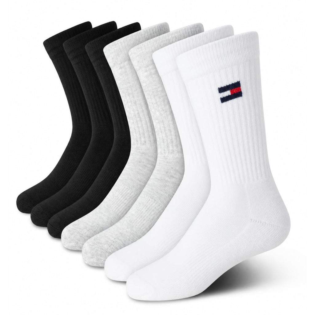 Tommy Hilfiger | Calcetines Niño Unisex Pack 6 Pares Crew Deportivos Surtido Negro Gris Blanco Logo Bandera (4 - 12T)