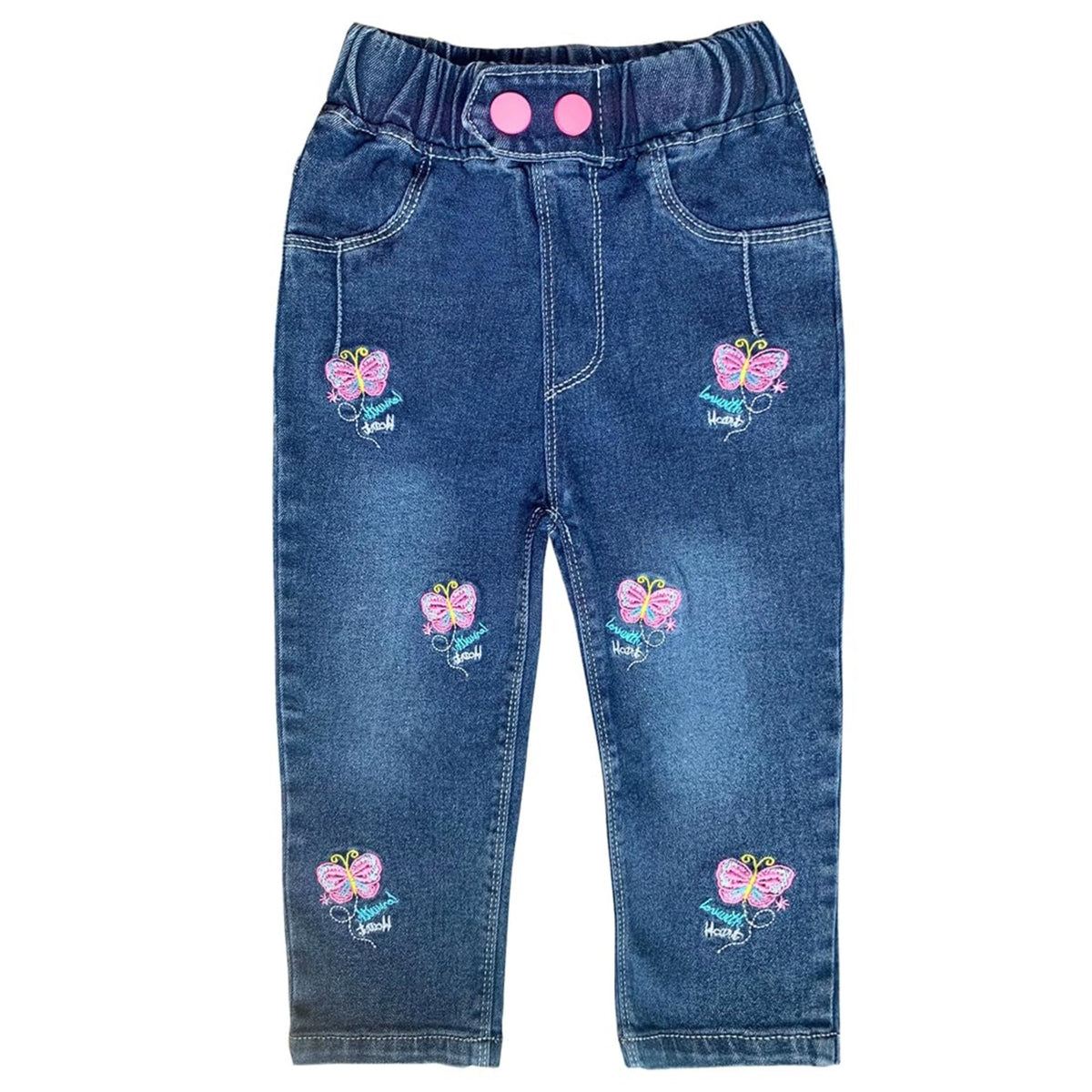 Jean Slim Niña | Azul Medio Desgastado • 6 Apliques Mariposa Rosa
