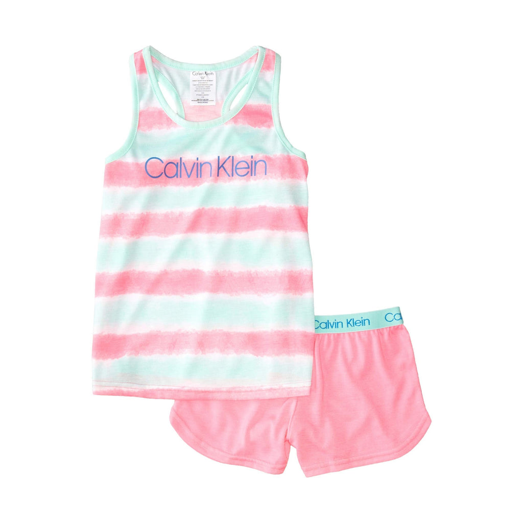 Pijama 2 Piezas Calvin Klein | Tank Racerback Tie-Dye Rayas Menta/Rosa + Short Sólido Coral + Cintura CK Menta | Niña Candy (6T - 16)
