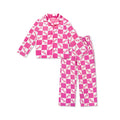 Pijama 2 Piezas Barbie Oficial | Estilo Abrigo Botones + Tablero Ajedrez Fucsia + Logo Cursiva All-Over | Niña Rosa (4T - 10T)