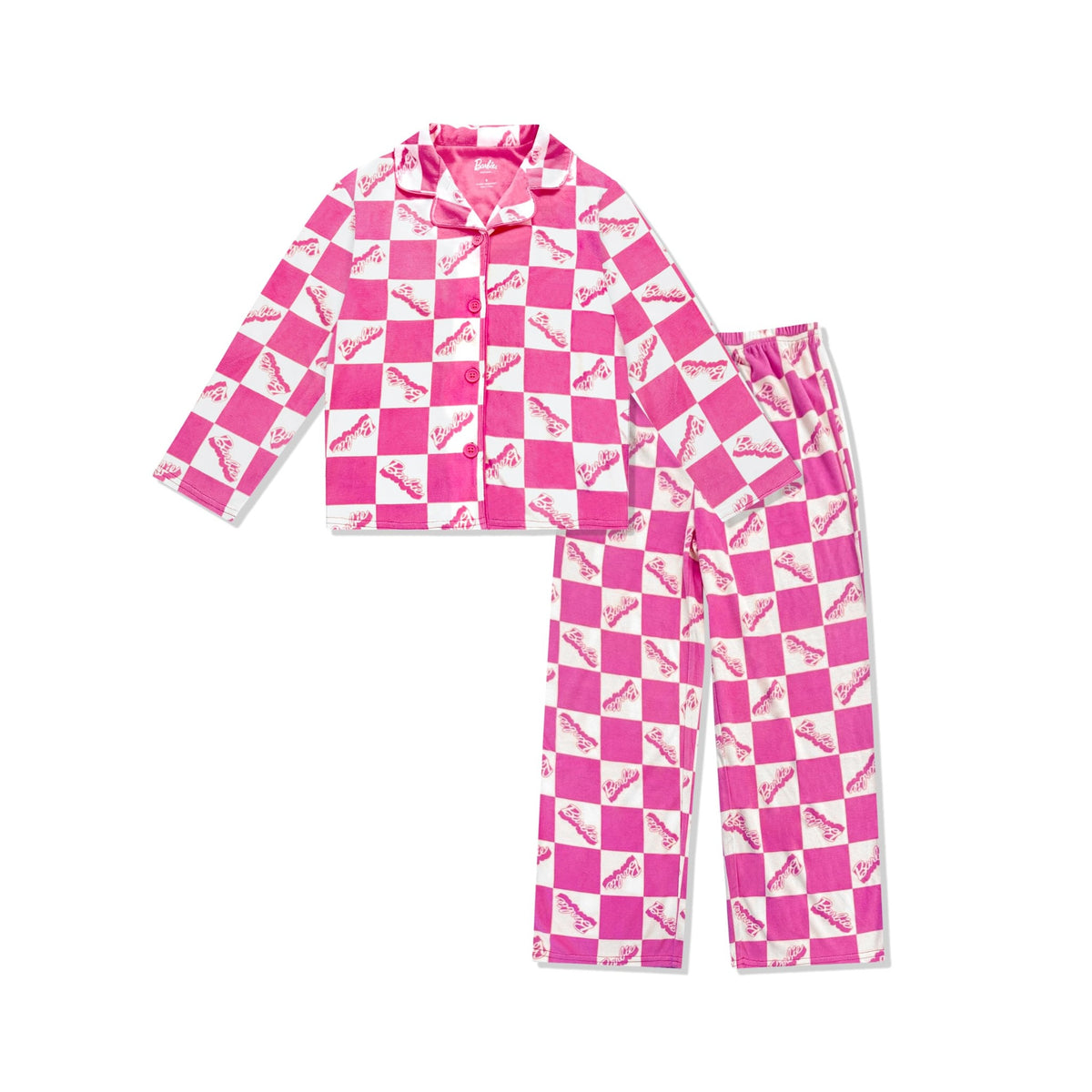 Pijama 2 Piezas Barbie Oficial | Estilo Abrigo Botones + Tablero Ajedrez Fucsia + Logo Cursiva All-Over | Niña Rosa (4T - 10T)
